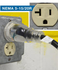 Heavy Duty Outdoor Extension Cord 50 Ft 20 Amp 125 Volt NEMA 5 20 P Blade 12 Gauge SJTW Copper All Weather Cable plugged into outlet