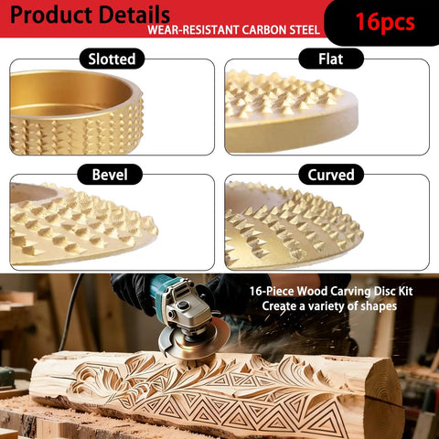 16 Piece Wood Carving Disc Kit for 4 Inch and 4.5 Inch Angle Grinders showcasing slotted, flat, bevel, and curved disc designs on wood