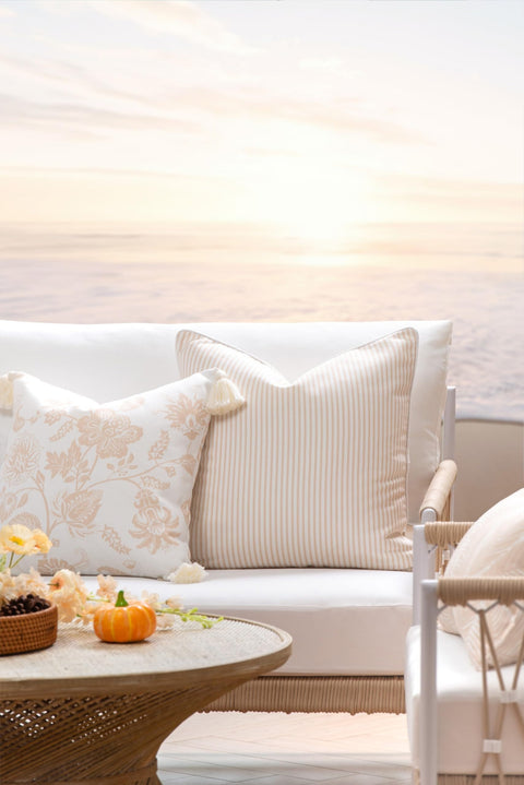 Fall Coastal Patio Pillow Cover 20x20 For Indoor Outdoor Use, Water Repellent Cushion Cover In Neutral Tan Stripe