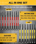 Nut Driver Bit Set With Magnetic Tips, 35-Piece Extra Long Nut Driver Kit For Impact Drills showing metric and SAE sizes