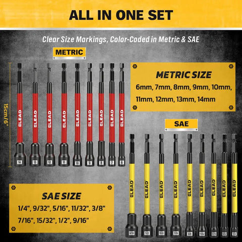 Nut Driver Bit Set With Magnetic Tips, 35-Piece Extra Long Nut Driver Kit For Impact Drills showing metric and SAE sizes