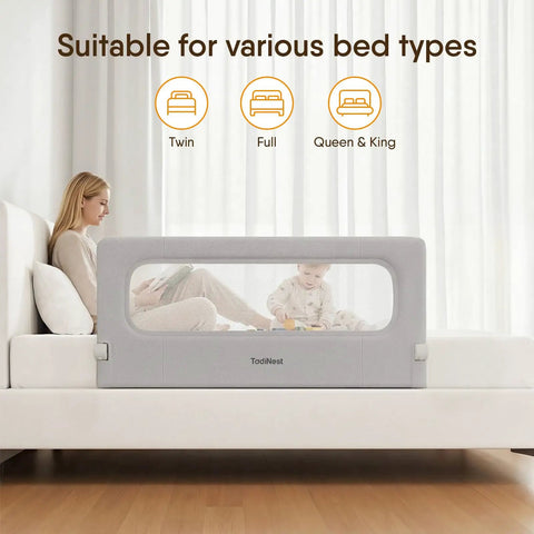 47 Inch Toddler Bed Rail Foldable Baby Guard built for safer sleep and calm nights on bed with person and child playing
