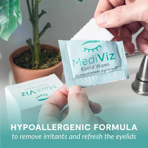 MediViz Eyelid Wipes packet with a white towlette being pulled out (front view)