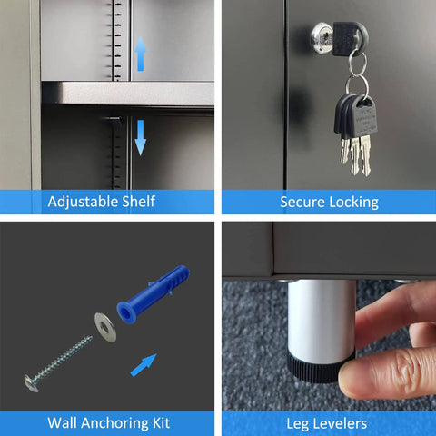 Sturdy Metal Storage Cabinet With Locking Doors And Adjustable Shelves features secure lock, keys, wall anchoring kit, and leg levelers.