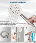 Handheld spray of SUS304 Outdoor Shower System With Wall Mount, showing hose connection and installation steps.