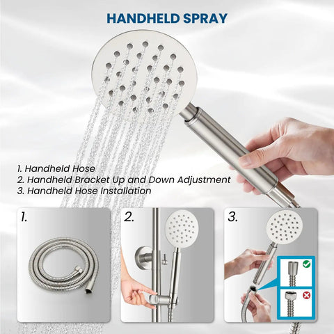 Outdoor Shower System High Pressure Dual Function Wall Mount Rig, SUS304 Stainless Steel, Brushed Nickel Finish, Round Handheld Spray