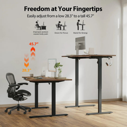Electric L Shaped Standing Desk With Memory Presets, adjustable height from 28.3 to 45.7 inches, rustic brown finish, home office use