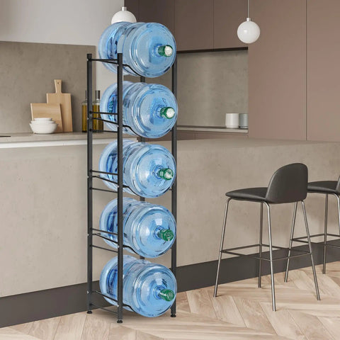 Heavy Duty 3 Tier Water Jug Rack Freestanding 5 Gallon Capacity Brown Water Bottle Organizer in kitchen