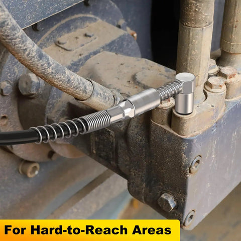 90 Degree Grease Coupler Set With Slotted Right Angle Combo And 12 Inch Spring Flex Hose Attached to Machinery in Tight Space