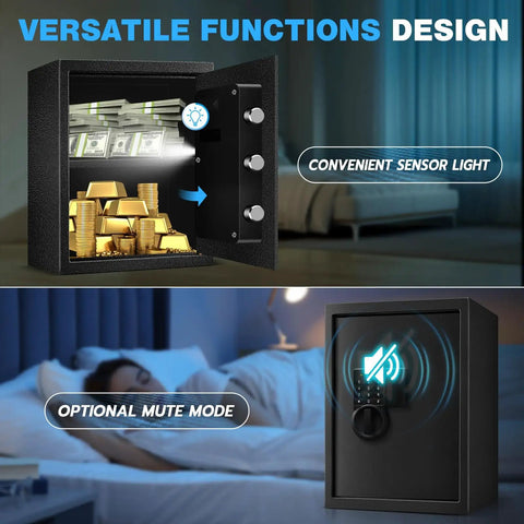 Two Point Eight Cu Ft Steel Electronic Safe Box For Home And Office With Digital Lock Documents Money Jewelry Big Capacity Storage Sensor Light Removable Shelf Quiet Mute Function Heavy Duty Security Vault with open door showing sensor light