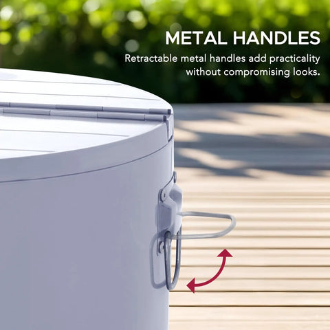 Close-up of metal handle on white 60 Quart Rolling Ice Chest Cooler Cart For Patio And Party, highlighting practicality and design.