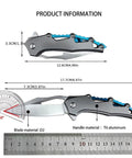 Folding Pocket Knife With D2 Steel Blade And Lightweight T6 Aluminum Alloy Handle, measurements and features displayed
