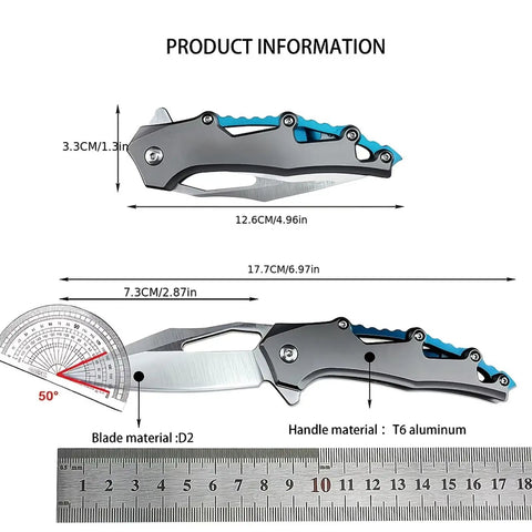 Folding Pocket Knife With D2 Steel Blade And Lightweight T6 Aluminum Alloy Handle, measurements and features displayed