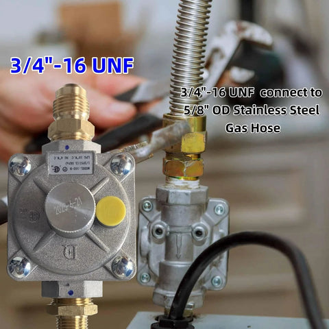 Front view of MCAMPAS dual fuel gas regulator; 1/2 in FPT inlet, 3/4-16 UNF outlet to 5/8 in OD stainless hose