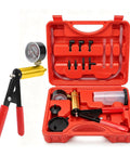Pro Grade Two In One Brake Bleeder Kit With Handheld Vacuum Pump And Precision Pressure Gauge in red carrying case.