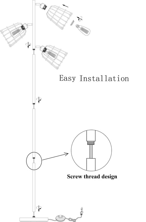 Diagram showing assembly of Industrial Floor Lamp With Reading Light, highlighting screw thread design for easy installation.