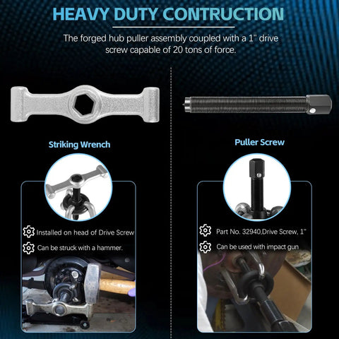 Heavy Duty Universal Hub Puller Boasting Hella Tough Adjustable Sliding Arms for use with a 1" drive screw and striking wrench.