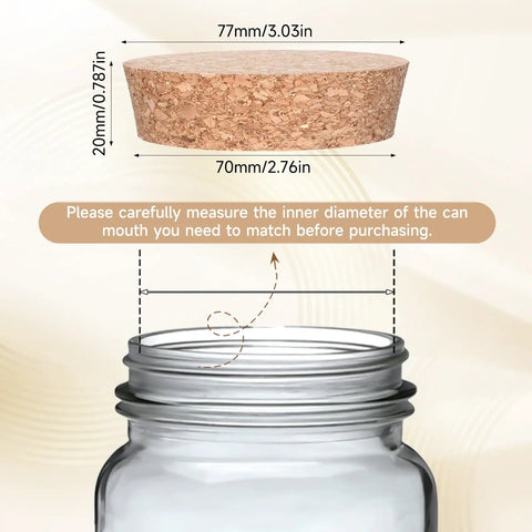 Two Pack Cork Bottle Stoppers Set For Jars And Glass Bottles, showing cork stopper dimensions and jar compatibility indication.