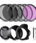 58mm UV CPL FLD ND Filter Kit For Canon Rebel EOS Cameras All In One Lens Filter Set shown with lens caps and accessories