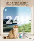Cat with Stainless Steel Cat Water Fountain For Quiet Hydration And Easy Living, 74oz 2.2L Pet Fountain indoors, 24H fresh water graphic
