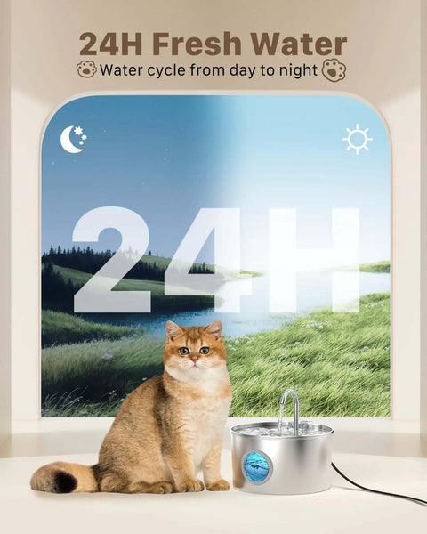 Cat with Stainless Steel Cat Water Fountain For Quiet Hydration And Easy Living, 74oz 2.2L Pet Fountain indoors, 24H fresh water graphic