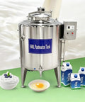 Top Shelf Heavy Duty 500L Milk Pasteurizer Machine For Commercial Dairy Plants Featuring Pro Level Automatic Temperature Regulation And Plug And Play Yogurt Production Integration, stainless steel tank with yogurt and milk.