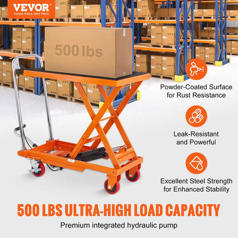 Heavy Duty Hydraulic Lift Table Cart With 500 Pound Capacity And 28.5 Inch Max Rise Built Tough As Nails for moving heavy boxes in a warehouse.