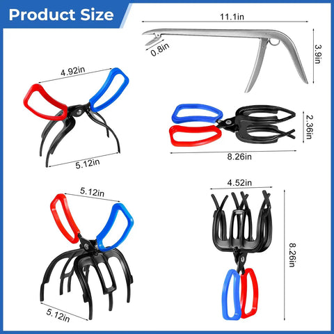 Triple Pack Fish Grippers With 2 to 3 Claw Design Plus Stainless Hook Remover, dimensions displayed with three colors.