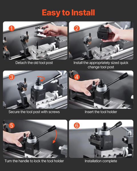 Front view of VEVOR Quick Change Tool Post Set, 8-piece kit with lathe tool holders on a metal lathe