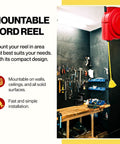 Mountable Retractable Extension Cord Reel 65 Foot 12 Gauge 3C SJT Heavy Duty Commercial Cable in garage workshop setting