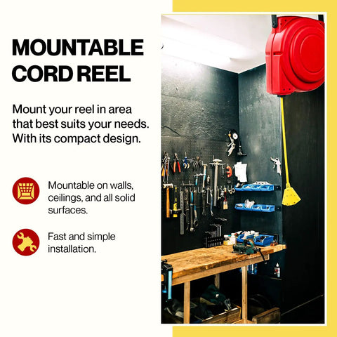 Mountable Retractable Extension Cord Reel 65 Foot 12 Gauge 3C SJT Heavy Duty Commercial Cable in garage workshop setting