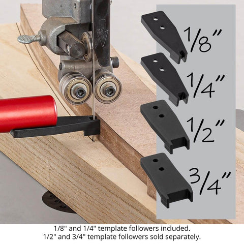 SteadyCurve 2.0 Band Saw Template Guide With Magnetic Base And Adjustable Blade Offset for curve pattern cutting, shown in use.