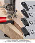 Replacement Pattern Follower Tips For Half Inch Band Saw Template Guide showing 1/8, 1/4, 1/2, and 3/4 inch tips with band saw setup.