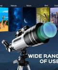 Wide range of uses for High Powered 150X Portable Telescope With 70mm Aperture HD Refractor Dope Optics shown in city and nature