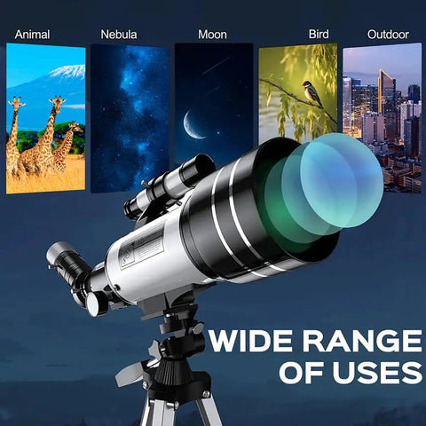 Wide range of uses for High Powered 150X Portable Telescope With 70mm Aperture HD Refractor Dope Optics shown in city and nature