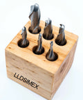 Six ball-end HSS M2 two-flute end mills in a wooden block; sizes 1/8–1/2 in; LLDSIMEX branding visible.