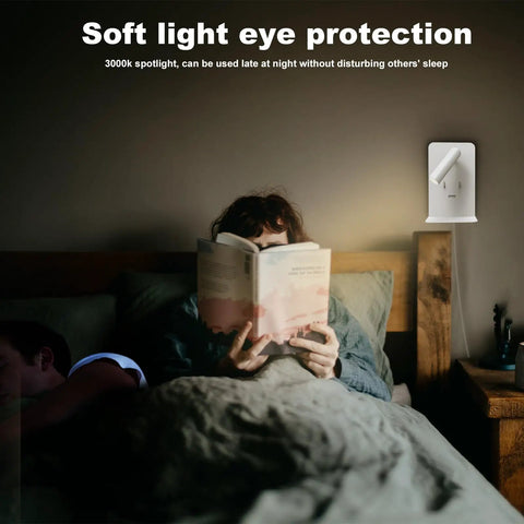 Person reading with Plug In Wall Light For Bedroom With Two Separate Switches, LED Reading Light And Chill Night Light, USB Port