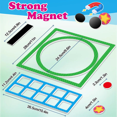 Magnetic Number Bonds And Ten Frame Set with dimensions, strong magnets for classroom math visual addition and subtraction.