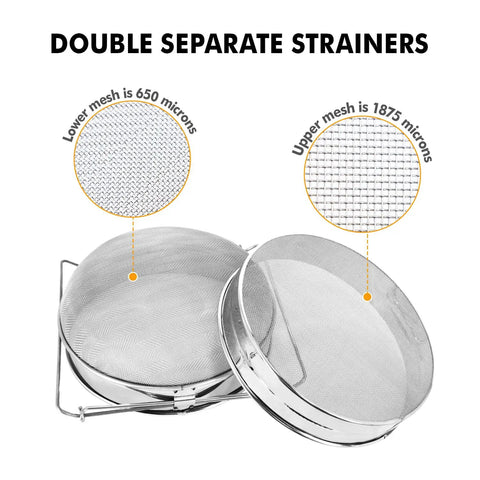 Stainless Steel Honey Strainer With Double Sieve Filter showing 650 micron and 1875 micron mesh for 5 Gallon Buckets Beekeeping Tools