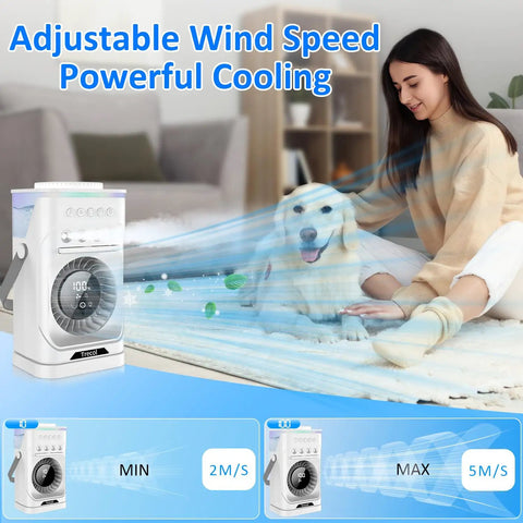 Four In One Portable Misting Fan with Rechargeable 10000mAh Battery cooling a woman and dog, showing wind speed options.