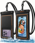 Floating Waterproof Phone Pouch 2 Pack IPX8 Dry Bag Case For Beach, showing front and back with a phone inside, floating on water.
