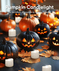 Flameless Tealight Candles With Remote Timer Battery Operated 12 Pack Warm White with pumpkin decor for autumn theme