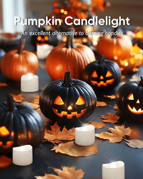 Flameless Tealight Candles With Remote Timer Battery Operated 12 Pack Warm White with pumpkin decor for autumn theme