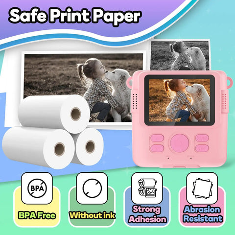 6 Rolls Kid Friendly Instant Photo Printer Paper Bundle For Mini Cameras 4x2.2 Inch Thermal Paper Refill Safe Odorless No Toner Each Roll Prints About 124 Photos Great For Kids Crafts And Scrapbook Fun. white thermal paper rolls beside pink mini camera