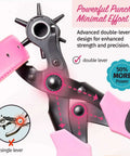 Leather Hole Punch Tool For Belts And Fabric Up To 5mm Thick, pink double-leverage puncher, close-up view with belt.