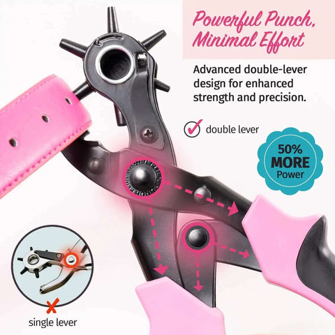 Leather Hole Punch Tool For Belts And Fabric Up To 5mm Thick, pink double-leverage puncher, close-up view with belt.