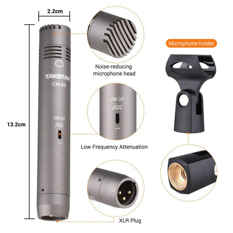 Pro Grade Condenser Mic With Windscreen Cardioid XLR Studio Recording Mic For Singing And Instruments Interviews And Broadcasts Gold Plated Diaphragm High Sensitivity 30Hz-18kHz Low Distortion Wide Dynamic Range showcased with dimensions and parts including XLR plug, microphone holder, and noise-reducing head.