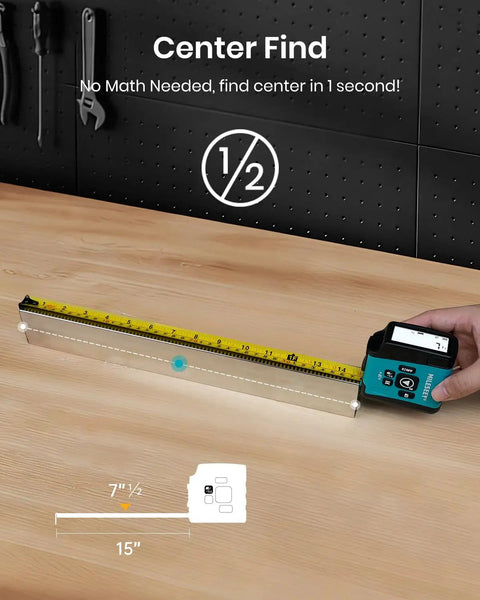 Do It All Laser Distance Meter And Digital Tape Measure With 130 Ft Range on wooden surface displaying center find feature