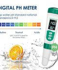 5-In-1 Digital pH Meter With Backlit Display showing pH and temperature, vibrant color scale, water splash, and orange slice.