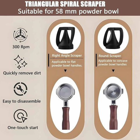 Triangular spiral scrapers for 58 mm powder bowls, showcasing right angle and round attachments for efficient cleaning.